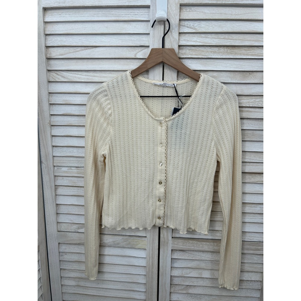 Celebrity Pink Cardigan Large Cream Women Pointelle Knit Lettuce Trim Sweater